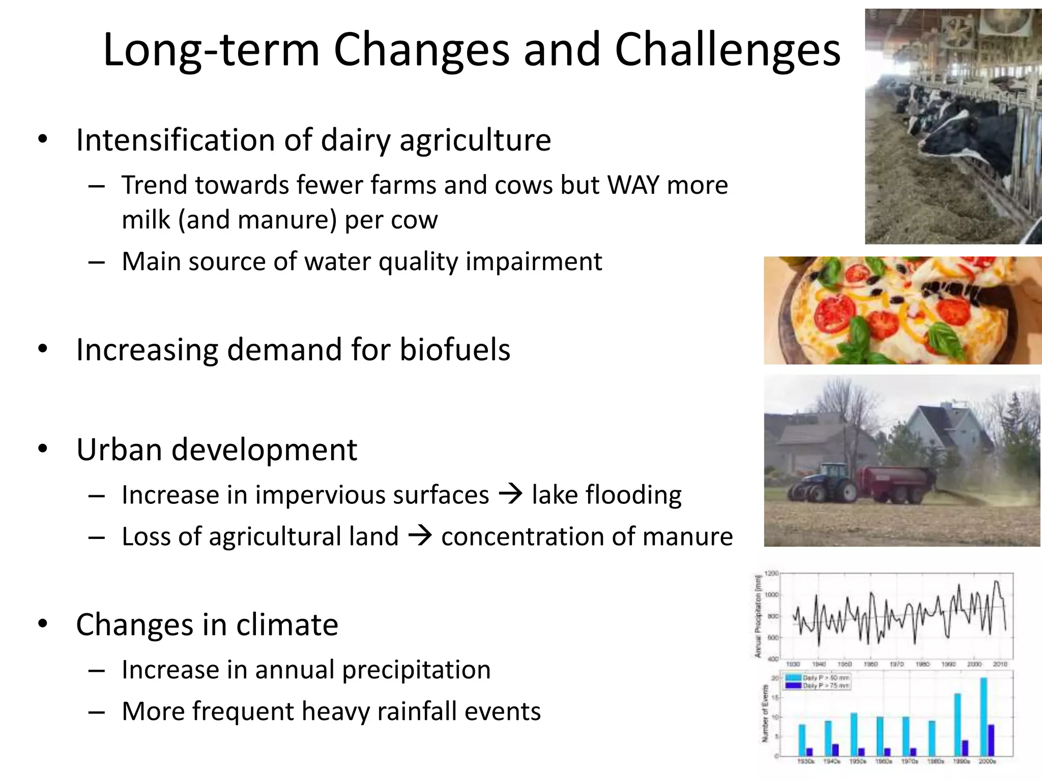 Long-term Changes and Challenges
• Intensification of dairy agriculture
– Trend towards fewer farms and cows but WAY more
milk (and manure) per cow
– Main source of water quality impairment
• Increasing demand for biofuels
• Urban development
– Increase in impervious surfaces  lake flooding
– Loss of agricultural land  concentration of manure
• Changes in climate
– Increase in annual precipitation
– More frequent heavy rainfall events
 