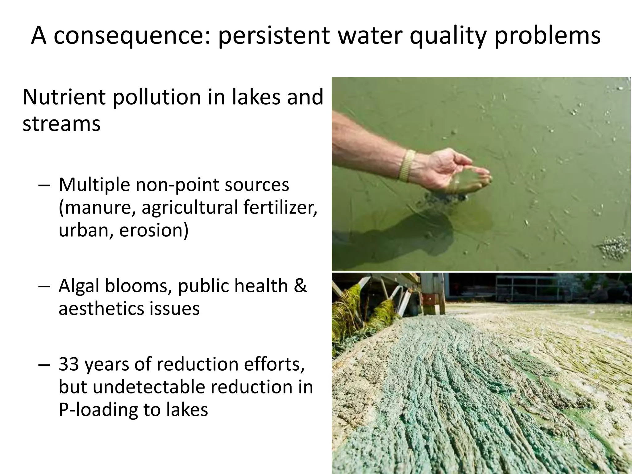 A consequence: persistent water quality problems
Nutrient pollution in lakes and
streams
– Multiple non-point sources
(manure, agricultural fertilizer,
urban, erosion)
– Algal blooms, public health &
aesthetics issues
– 33 years of reduction efforts,
but undetectable reduction in
P-loading to lakes
 