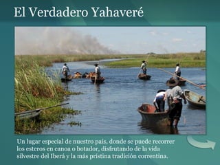 El Verdadero Yahaveré Un lugar especial de nuestro país, donde se puede recorrer los esteros en canoa o botador, disfrutando de la vida silvestre del Iberá y la más prístina tradición correntina. 
