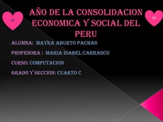 AÑO DE LA CONSOLIDACION ECONOMICA Y SOCIAL DEL PERU M M ALUMNA:MAYRA ABURTO PACHAS PROFESORA :MARIA ISABEL CARRASCO CURSO: COMPUTACION GRADO Y SECCION: CUARTO C 
