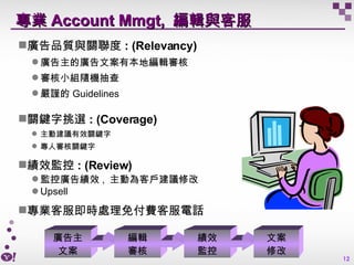 專業 Account Mmgt,  編輯與客服 <ul><li>廣告品質與關聯度 : (Relevancy) </li></ul><ul><ul><li>廣告主的廣告文案有本地編輯審核 </li></ul></ul><ul><ul><li>審核...