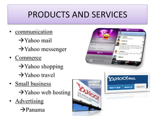 PRODUCTS AND SERVICES 
• communication 
Yahoo mail 
Yahoo messenger 
• Commerce 
Yahoo shopping 
Yahoo travel 
• Small business 
Yahoo web hosting 
• Advertising 
Panama 
 