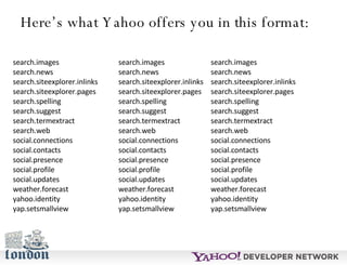 Here’s what Yahoo offers you in this format: search.images search.news search.siteexplorer.inlinks search.siteexplorer.pag...