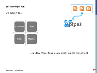 Et Yahoo Pipes fut !

Un moyen de…




                                … les flux RSS et tous les éléments qui les composent




                                                                                        3
www.cellie.fr - @ProjetCellie
 