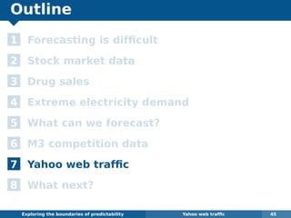 Outline
1 Forecasting is difﬁcult
2 Stock market data
3 Drug sales
4 Extreme electricity demand
5 What can we forecast?
6 M3 competition data
7 Yahoo web trafﬁc
8 What next?
Exploring the boundaries of predictability Yahoo web trafﬁc 45
 