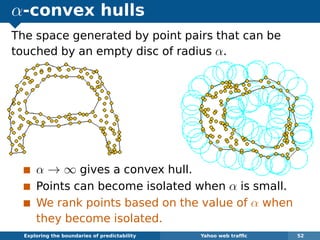 α-convex hulls
The space generated by point pairs that can be
touched by an empty disc of radius α.
α → ∞ gives a convex hull.
Points can become isolated when α is small.
We rank points based on the value of α when
they become isolated.
Exploring the boundaries of predictability Yahoo web trafﬁc 52
 