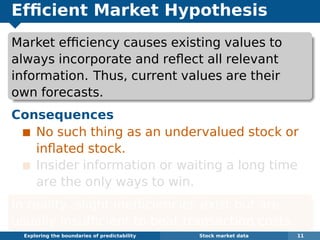 Efﬁcient Market Hypothesis
Market efﬁciency causes existing values to
always incorporate and reﬂect all relevant
information. Thus, current values are their
own forecasts.
Consequences
No such thing as an undervalued stock or
inﬂated stock.
Insider information or waiting a long time
are the only ways to win.
In reality, slight inefﬁciencies exist but are
usually insufﬁcient to beat transaction costs.
Exploring the boundaries of predictability Stock market data 11
 