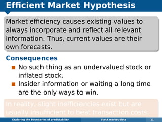 Efﬁcient Market Hypothesis
Market efﬁciency causes existing values to
always incorporate and reﬂect all relevant
information. Thus, current values are their
own forecasts.
Consequences
No such thing as an undervalued stock or
inﬂated stock.
Insider information or waiting a long time
are the only ways to win.
In reality, slight inefﬁciencies exist but are
usually insufﬁcient to beat transaction costs.
Exploring the boundaries of predictability Stock market data 11
 