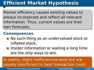 Efﬁcient Market Hypothesis
Market efﬁciency causes existing values to
always incorporate and reﬂect all relevant
information. Thus, current values are their
own forecasts.
Consequences
No such thing as an undervalued stock or
inﬂated stock.
Insider information or waiting a long time
are the only ways to win.
In reality, slight inefﬁciencies exist but are
usually insufﬁcient to beat transaction costs.
Exploring the boundaries of predictability Stock market data 11
 
