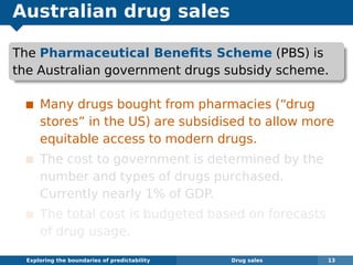 Australian drug sales
The Pharmaceutical Beneﬁts Scheme (PBS) is
the Australian government drugs subsidy scheme.
Many drugs bought from pharmacies (“drug
stores” in the US) are subsidised to allow more
equitable access to modern drugs.
The cost to government is determined by the
number and types of drugs purchased.
Currently nearly 1% of GDP.
The total cost is budgeted based on forecasts
of drug usage.
Exploring the boundaries of predictability Drug sales 13
 