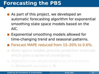 Forecasting the PBS
As part of this project, we developed an
automatic forecasting algorithm for exponential
smoothing state space models based on the
AIC.
Exponential smoothing models allowed for
time-changing trend and seasonal patterns.
Forecast MAPE reduced from 15–20% to 0.6%.
State space models provide prediction intervals
which give a sense of uncertainty.
Algorithm now implemented as ets function
in forecast package in R.
Exploring the boundaries of predictability Drug sales 17
 