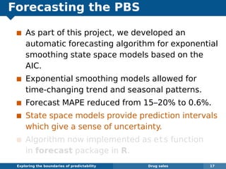 Forecasting the PBS
As part of this project, we developed an
automatic forecasting algorithm for exponential
smoothing state space models based on the
AIC.
Exponential smoothing models allowed for
time-changing trend and seasonal patterns.
Forecast MAPE reduced from 15–20% to 0.6%.
State space models provide prediction intervals
which give a sense of uncertainty.
Algorithm now implemented as ets function
in forecast package in R.
Exploring the boundaries of predictability Drug sales 17
 
