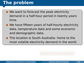 The problem
We want to forecast the peak electricity
demand in a half-hour period in twenty years
time.
We have ﬁfteen years of half-hourly electricity
data, temperature data and some economic
and demographic data.
The location is South Australia: home to the
most volatile electricity demand in the world.
Sounds impossible?
Exploring the boundaries of predictability Extreme electricity demand 19
 