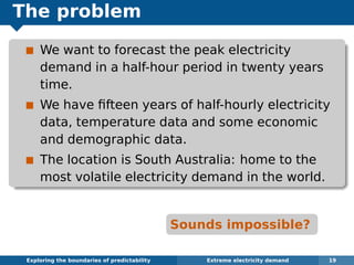 The problem
We want to forecast the peak electricity
demand in a half-hour period in twenty years
time.
We have ﬁfteen years of half-hourly electricity
data, temperature data and some economic
and demographic data.
The location is South Australia: home to the
most volatile electricity demand in the world.
Sounds impossible?
Exploring the boundaries of predictability Extreme electricity demand 19
 