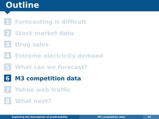 Outline
1 Forecasting is difﬁcult
2 Stock market data
3 Drug sales
4 Extreme electricity demand
5 What can we forecast?
6 M3 competition data
7 Yahoo web trafﬁc
8 What next?
Exploring the boundaries of predictability M3 competition data 32
 
