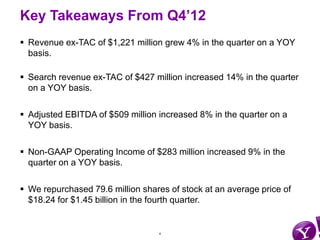 Key Takeaways From Q4’12
 Revenue ex-TAC of $1,221 million grew 4% in the quarter on a YOY
  basis.

 Search revenue ex-...