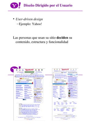 Diseño Dirigido por el Usuario


• User-driven design
  – Ejemplo: Yahoo!



Las personas que usan su sitio deciden su
 co...