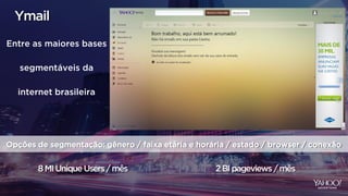 8MIUniqueUsers/mês 2BIpageviews /mês
Entre as maiores bases
segmentáveis da
internet brasileira
Ymail
Opções de segmentação: gênero / faixa etária e horária / estado / browser / conexão
 