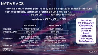 NATIVE ADS
formato nativo criado pelo Yahoo, onde a peça publicitária se mistura
com o conteúdo, tomando a forma de uma notícia na homepage e em
canais, ou de um email na caixa de entrada.
Venda por CPC / CPM / CPI
MULTI-DEVICE MOBILE ONLY
DEVICES PC, TABLET E MOBILE TABLET E MOBILE
PRECIFICAÇÃO CPM, CPC CPM, CPC
TARGETING
GEO
DEMO (SEXO, IDADE)
SHOWCASE (INTERESSE)
CUSTOMIZADO (SRT,
MRT, CUSTOM BT)
GEO
DEMO (SEXO, IDADE)
SHOWCASE (INTERESSE)
CUSTOMIZADO (SRT, MRT,
CUSTOM BT)
FORMATO 627x627 & 1200X627 627x627 & 1200X627
OPÇÕES
CRIATIVAS
ESTÁTICO
ESTÁTICO
E POST TAP RICH MEDIA*
Parceiros:
R7, Infomoney,
Climatempo,
Lancenet,
Jornal do
Brasil,
TecMundo,
Click Jogos,
TudoGostoso
 