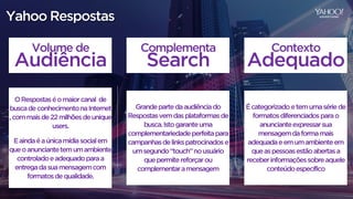 Volume de
Audiência
Complementa
Search
Contexto
Adequado
ORespostaséomaiorcanal de
buscadeconhecimentonaInternet
,commaisde22milhõesdeunique
users.
Eaindaéaúnicamídiasocialem
queoanunciantetemumambiente
controladoeadequadoparaa
entregadasuamensagemcom
formatosdequalidade.
Grandepartedaaudiênciado
Respostasvemdasplataformasde
busca.Istogaranteuma
complementariedadeperfeitapara
campanhasdelinkspatrocinadose
umsegundo“touch”nousuário
quepermitereforçarou
complementaramensagem
Écategorizadoetemumasériede
formatosdiferenciadosparao
anuncianteexpressarsua
mensagemdaformamais
adequadaeemumambienteem
queaspessoasestãoabertasa
receberinformaçõessobreaquele
conteúdoespecífico
Yahoo Respostas
 
