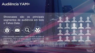 Audiência YAM+
Showcases são os principais
segmentos de audiência em todo
o Yahoo Data.
Toda informação gerada pelos 800M+ usuários em todas as
propriedades Yahoo e parceiros, incluindo comportamento de
busca e dados de email combinados em 15 segmentos de
audiência para ajudar os anunciantes a falar com a audiência
correta.
+ + =
 
