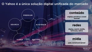 P R E M I U M
A U D I E N C E
N A T I V EV I D E O
S E A R C H
O Yahoo é a única solução digital unificada do mercado
conteúdo
original, parceiros e crowd
sourced
redes
display, search, mobile,
lanhouses, native
mídia
paid, owned and earned
 