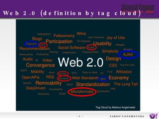 Web 2.0 (definition by tag cloud) YAHOO! CONFIDENTIAL Tag Cloud by Markus Angermeier   
