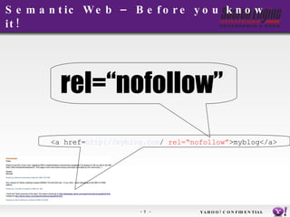 Semantic Web – Before you know it! YAHOO! CONFIDENTIAL <a href= http:// myblog.com /   rel=“nofollow” >myblog</a> rel=“nofollow” 