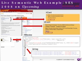 Live Semantic Web Example: SES 2008 on  Upcoming YAHOO! CONFIDENTIAL hCard hReview <div class=&quot; hreview &quot;> <span class=&quot; reviewer vcard &quot;>Reviewer: <span class=&quot;fn url”> <a href= http://upcoming.yahoo.com/user/159507/ >Ambles</a> </span> < abbr  class=&quot; dtreviewed &quot; title=&quot;20080623T2300-0400”>June 13, 2008</ abbr ></span> <div class=&quot;description”>Looking forward!</div> </div> rel-tag <a href=&quot;http://upcoming.yahoo.com/tag/seo/&quot;  rel=&quot;tag&quot; >seo</a> <a href=&quot;http://upcoming.yahoo.com/tag/sem/&quot;  rel=&quot;tag&quot; >sem</a> <a href=&quot;http://upcoming.yahoo.com/tag/online/&quot;  rel=&quot;tag&quot; >online</a> … 
