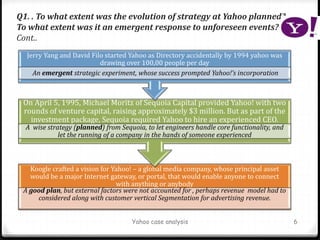 Q1. . To what extent was the evolution of strategy at Yahoo planned?
To what extent was it an emergent response to unforeseen events?
Cont..
Yahoo case analysis 6
Koogle crafted a vision for Yahoo! – a global media company, whose principal asset
would be a major Internet gateway, or portal, that would enable anyone to connect
with anything or anybody
A good plan, but external factors were not accounted for , perhaps revenue model had to
considered along with customer vertical Segmentation for advertising revenue.
On April 5, 1995, Michael Moritz of Sequoia Capital provided Yahoo! with two
rounds of venture capital, raising approximately $3 million. But as part of the
investment package, Sequoia required Yahoo to hire an experienced CEO.
A wise strategy (planned) from Sequoia, to let engineers handle core functionality, and
let the running of a company in the hands of someone experienced
Jerry Yang and David Filo started Yahoo as Directory accidentally by 1994 yahoo was
drawing over 100,00 people per day
An emergent strategic experiment, whose success prompted Yahoo!’s incorporation
 