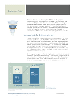 Engagement Phase



                                                                                 As discussed in the pre-selection phase, 63% of car shoppers are
                                                                                 submitting purchase inquiries online. The dealer's initial response to a
                                                                                 lead is a pivotal point of contact for a consumer. This initial dialogue
                                                                                 represents the engagement phase. Dealer response — both in terms of
                                                                                 time to respond and quality of response — is critical to keeping that
                                                                                 consumer engaged, getting them into the dealership, and selling them a
                                                                                 vehicle. To fully understand how consumers filter at this stage, an
                                                                                 understanding of the current level of dealer sales performance is needed.



                                                                  Lost opportunity for dealers remains high
                                                                                 The lead match analysis of approximately one million leads over a 15- month
                                                                                 period was performed by R.L Polk & Co. and compared to the 2005 lead
                                                                                 match analysis to reveal performance levels over time. The results showed
                                                                                 that dealers are still converting a very small percentage of the leads they
                                                                                 receive. Stated differently, the amount of "lost opportunity" dealers are
                                                                                 experiencing is still high. In addition, brand defection has increased,
                                                                                 meaning more consumers are purchasing a different brand than the one
                                                                                 they initially submitted a lead for. Results of the lead match analysis and
                                                                                 implications are discussed below.

                                                                                 Of the approximately one million de-duplicated new vehicle leads matched
                                                                                 to DMV and RDR records, approximately 55% resulted in a sale of a new or
                                                                                 used vehicle while 45% did not result in a sale. Of the 55% of leads that
                                                                                 resulted in a sale, 10% closed at the "intended dealer" or the dealer to
                                                                                 which the lead was initially sent. The other 90% closed at an "other"
     Figure 5




2007 Dealer eBusiness Performance Study: The New Buying Influences                                                                   14/Engagement Phase
© 2 0 0 8 T h e C o bal t G r o u p, p r op r i e ta r y a nd c o n fi de n t ial . All ri g h t s r e s e r ve d .
 