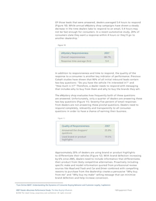 Of those leads that were answered, dealers averaged 5.4 hours to respond
                                                                                 (Figure 10). While annual eMystery shop campaigns have shown a steady
                                                                                 decrease in the time dealers take to respond to an email, 5.4 hours may
                                                                                 not be fast enough for consumers. In a recent automotive study, 20% of
                                                                                 consumers state they want a response within 4 hours or they'll go to
                                                                                 another dealership. *


                                                                                      Figure 10




                                                                                 In addition to responsiveness and time to respond, the quality of the
                                                                                 response to a consumer is another key indicator of performance. Previous
                                                                                 Cobalt studies have shown that 90% of all initial inbound leads contain
                                                                                 two key questions: "Do you have the vehicle I'm interested in?" and
                                                                                 "How much is it?” Therefore, a dealer needs to respond with messaging
                                                                                 that includes why to buy from them and why to buy the brands they sell.

                                                                                 The eMystery shop evaluates how frequently both of these questions
                                                                                 are answered. Unfortunately, only a quarter of dealers are answering these
                                                                                 two key questions (Figure 11). Seventy-five percent of email responses
                                                                                 from dealers are not answering these pivotal questions. Dealers need to
                                                                                 respond completely, relevantly and transparently to all consumer
                                                                                 questions in order to have a chance of earning their business.


                                                                                      Figure 11




                                                                                 Approximately 20% of dealers are using brand or product highlights
                                                                                 to differentiate their vehicles (Figure 12). With brand defection increasing
                                                                                 by 6% since 2005, dealers need to include information that differentiates
                                                                                 their product from likely competitive alternatives. Proactively including
                                                                                 specific make and model information quoted from professional review
                                                                                 sources like Road and Track and Car and Driver combined with compelling
                                                                                 reasons to purchase from the dealership creates a persuasive "Why buy
                                                                                 from me" and "Why buy my make" selling message that can minimize
                                                                                 brand defection and help increase conversion.


*Cars Online 06/07: Understanding the Dynamics of Consumer Buying Behavior and Customer Loyalty, CapGemini.

2007 Dealer eBusiness Performance Study: The New Buying Influences                                                                   18/Engagement Phase
© 2 0 0 8 T h e C o bal t G r o u p, p r op r i e ta r y a nd c o n fi de n t ial . All ri g h t s r e s e r ve d .
 