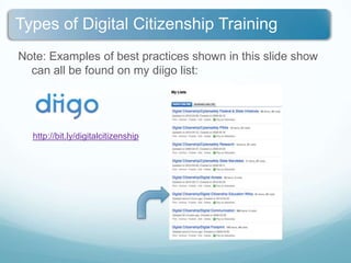 Note: Examples of best practices shown in this slide show can all be found on my diigo list:http://bit.ly/digitalcitizenship