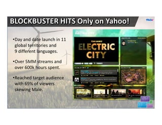 Photo de


BLOCKBUSTER HITS Only on Yahoo!

•Day and date launch in 11 
 global territories and 
 9 different languages.

•Over 5MM streams and 
 over 600k hours spent.

•Reached target audience 
 with 69% of viewers 
 skewing Male.


                          Proprietary and Confidential.©2012 All Rights Reserved              22
 