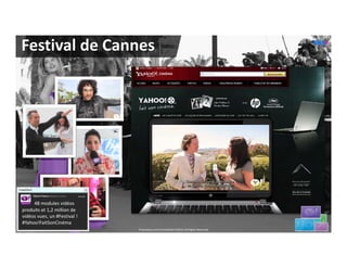 Photo de


Festival de Cannes




     48 modules vidéos
produits et 1,2 million de 
vidéos vues, un #Festival ! 
#Yahoo!FaitSonCinéma
                               Proprietary and Confidential.©2012 All Rights Reserved              4
 