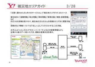 被災地エリアガイド                      3/28
     「災害に遭われた方」向けのサービスとして「被災地エリアガイド」をリリース

     被災地別に「避難情報」「給水情報」「燃料情報」「営業店舗」「病院・医療情報」
     など
     の口コミの投稿を受け付け、被災地の方はそれらの投稿をエリア別に閲覧可能
     。
     投稿のない情報については「ほしい」としてリクエストすることも可能。

     大手コンビニエンスストアやスーパーマーケットなどの営業情報なども
     企業から毎日データをいただき、最新の営業状況を表示。




26
 