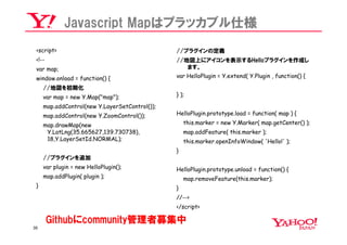 Javascript Mapはプラッカブル仕様
 <script>                                       //プラグインの定義
 <!--                                           //地図上にアイコンを表示するHelloプラグインを作成し
 var map;                                          ます。
 window.onload = function() {                   var HelloPlugin = Y.extend( Y.Plugin , function() {

     //地図を初期化
     var map = new Y.Map("map");                } );

     map.addControl(new Y.LayerSetControl());
     map.addControl(new Y.ZoomControl());       HelloPlugin.prototype.load = function( map ) {

     map.drawMap(new                                this.marker = new Y.Marker( map.getCenter() );
      Y.LatLng(35.665627,139.730738),               map.addFeature( this.marker );
      18,Y.LayerSetId.NORMAL);                      this.marker.openInfoWindow( 'Hello!' );
                                                }
     //プラグインを追加
     var plugin = new HelloPlugin();            HelloPlugin.prototype.unload = function() {
     map.addPlugin( plugin );                       map.removeFeature(this.marker);
 }                                              }
                                                //-->
                                                </script>

        Githubにcommunity管理者募集中
35
 