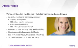 About Yahoo
3
 Yahoo makes the world's daily habits inspiring and entertaining
› An online media and technology company
• 1 billion+ monthly users
• 600 million+ monthly mobile users
• #3 US internet destination*
• 81% of the US internet audience*
› Founded in 1994 by Jerry Yang and David Filo
› Headquartered in Sunnyvale, California
› Led by Marissa Mayer, CEO (since July, 2012)
› 10,700 employees (as of Sept 30, 2015)
*ComScore Media Metrix, Aug 2015
 