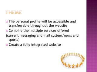 ThemeThe personal profile will be accessible and transferrable throughout the websiteCombine the multiple services offered(current messaging and mail system/news and sports)Create a fully integrated website