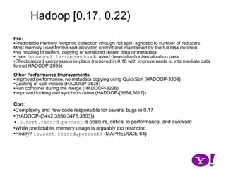 Hadoop [0.17, 0.22)map(K1,V1)p0  partition(key0,val0)*SerializationKS.serialize(K2)collect(K2,V2)KS.serialize(V2)Instead of explicitly tracking space used by record metadata, allocate a configurable amount of space at the beginning of the taskio.sort.mb * io.sort.record.percent…io.sort.mb