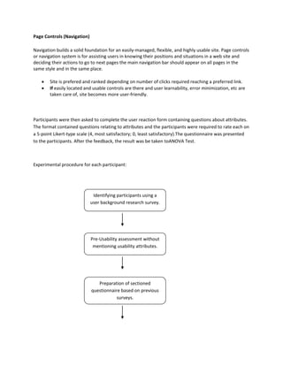 Page Controls (Navigation)

Navigation builds a solid foundation for an easily-managed, flexible, and highly usable site. Page controls
or navigation system is for assisting users in knowing their positions and situations in a web site and
deciding their actions to go to next pages the main navigation bar should appear on all pages in the
same style and in the same place.

    •   Site is prefered and ranked depending on number of clicks required reaching a preferred link.
    •   If easily located and usable controls are there and user learnability, error minimization, etc are
        taken care of, site becomes more user-friendly.



Participants were then asked to complete the user reaction form containing questions about attributes.
The format contained questions relating to attributes and the participants were required to rate each on
a 5-point Likert-type scale (4, most satisfactory; 0, least satisfactory).The questionnaire was presented
to the participants. After the feedback, the result was be taken toANOVA Test.



Experimental procedure for each participant:




                              Identifying participants using a
                             user background research survey.




                             Pre-Usability assessment without
                              mentioning usability attributes.




                                Preparation of sectioned
                             questionnaire based on previous
                                         surveys.
 