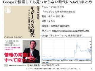 Googleで検索しても見つからない時代にNAVERまとめ
                   キュレーションの時代

                   「つながり」の情報革命が始まる

                   著者：佐々木...
