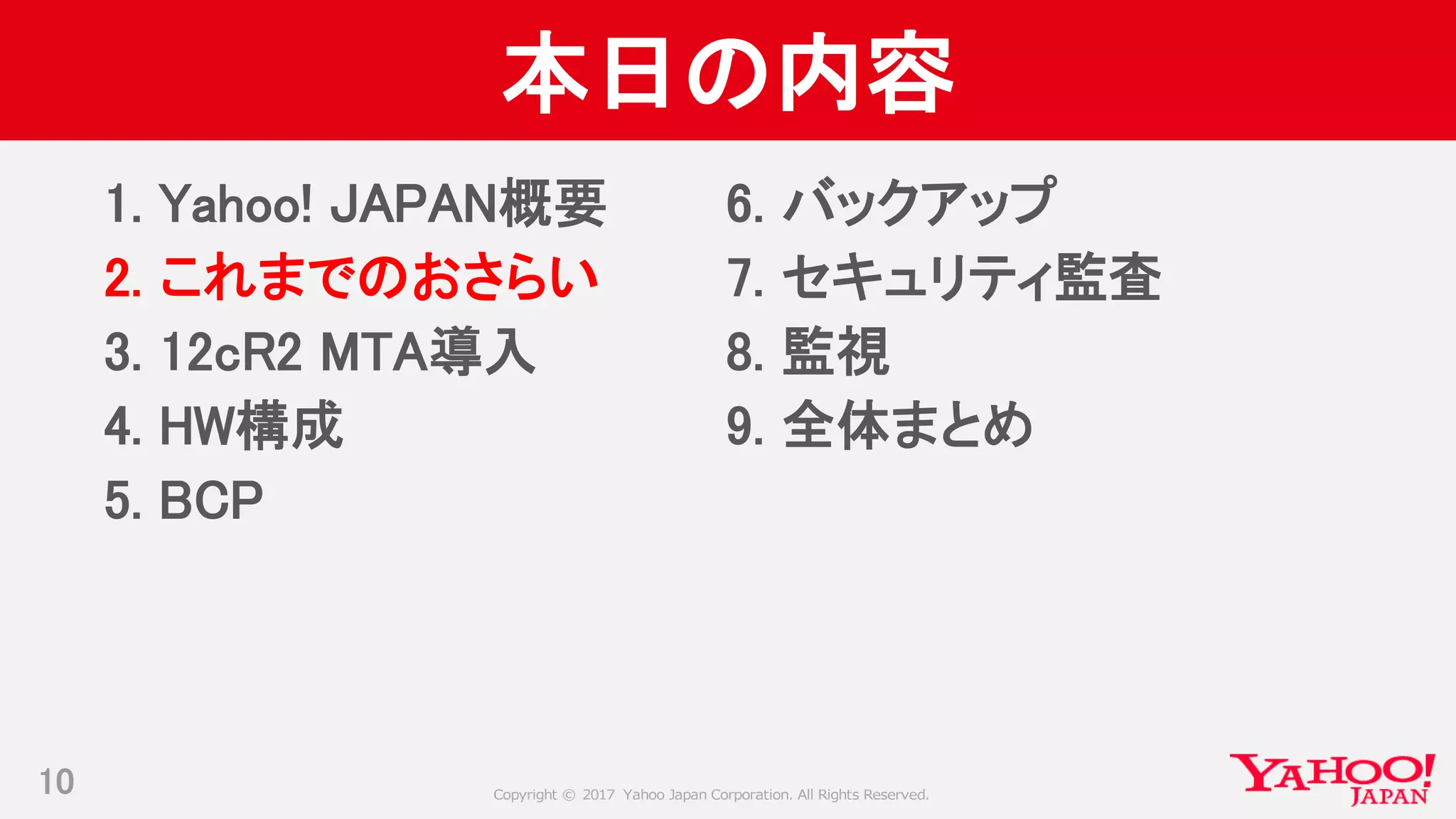 Copyright © 2017 Yahoo Japan Corporation. All Rights Reserved.
本日の内容
1. Yahoo! JAPAN概要
2. これまでのおさらい
3. 12cR2 MTA導入
4. HW構成
5. BCP
10
6. バックアップ
7. セキュリティ監査
8. 監視
9. 全体まとめ
 
