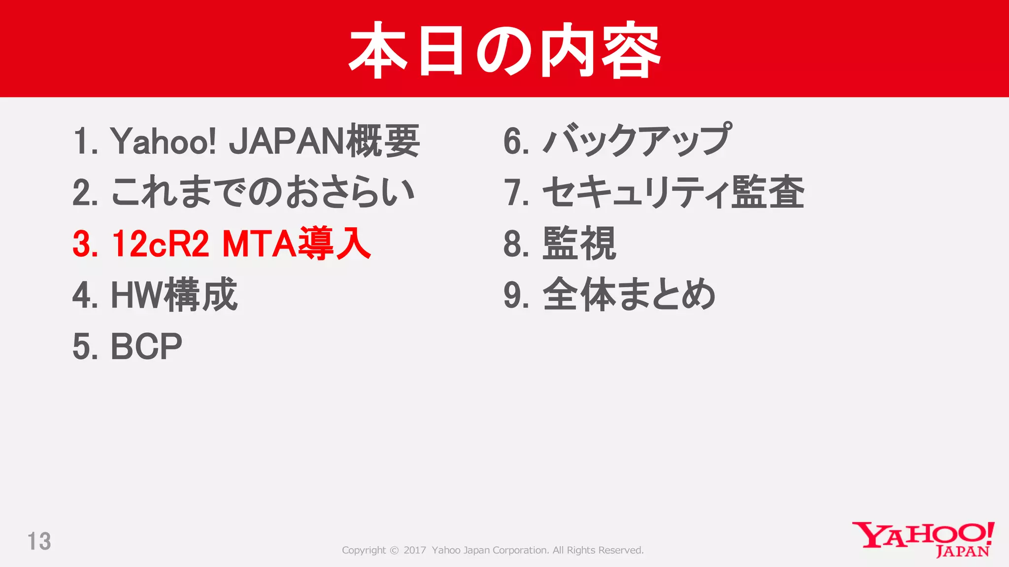 Copyright © 2017 Yahoo Japan Corporation. All Rights Reserved.
本日の内容
1. Yahoo! JAPAN概要
2. これまでのおさらい
3. 12cR2 MTA導入
4. HW構成
5. BCP
13
6. バックアップ
7. セキュリティ監査
8. 監視
9. 全体まとめ
 