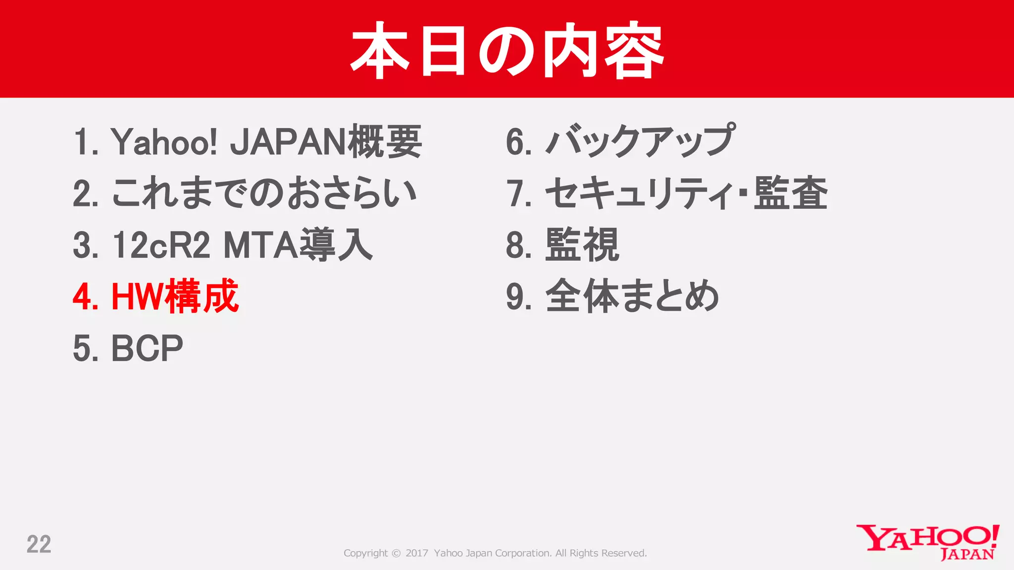 Copyright © 2017 Yahoo Japan Corporation. All Rights Reserved.
本日の内容
1. Yahoo! JAPAN概要
2. これまでのおさらい
3. 12cR2 MTA導入
4. HW構成
5. BCP
22
6. バックアップ
7. セキュリティ・監査
8. 監視
9. 全体まとめ
 