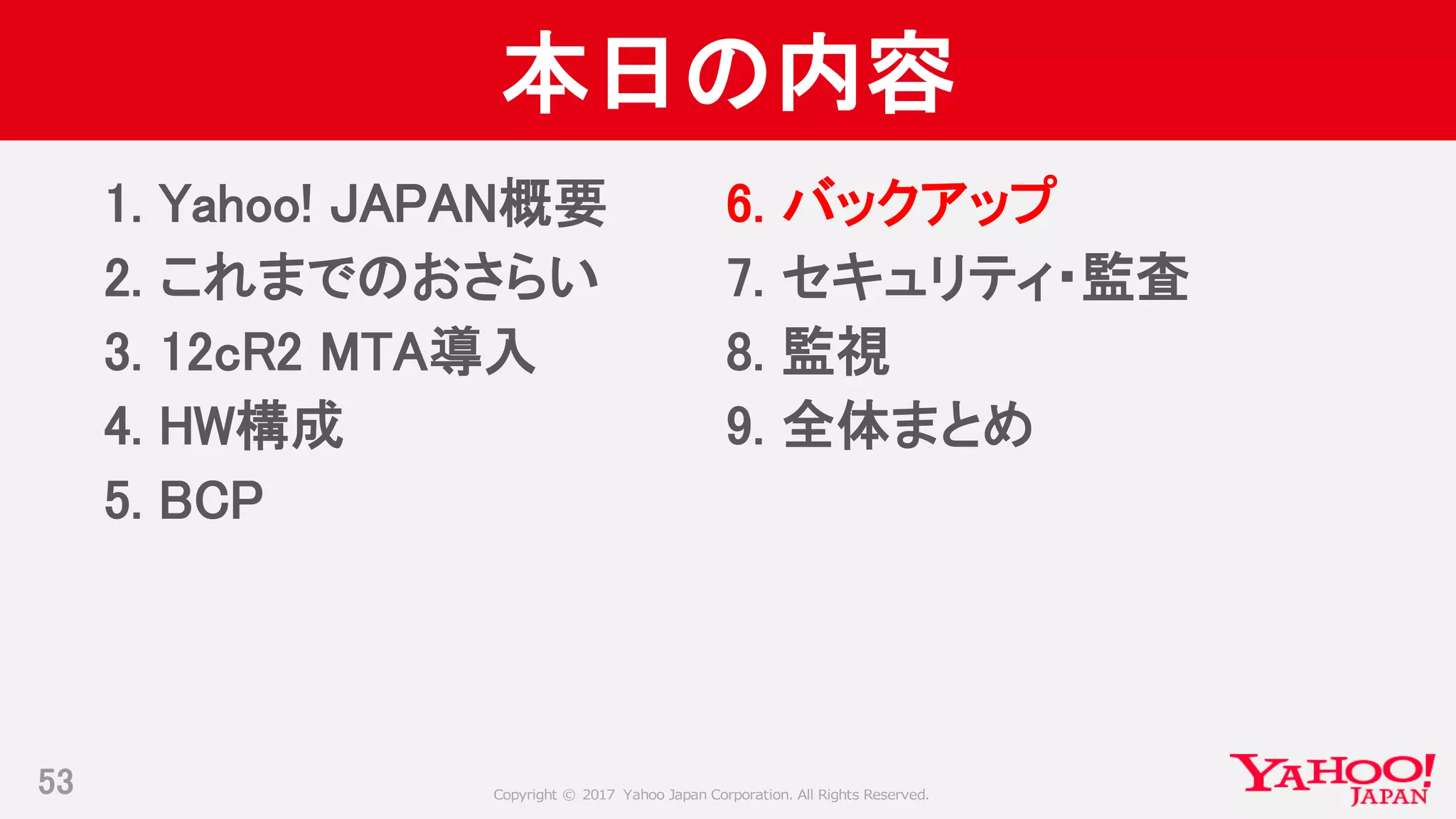 Copyright © 2017 Yahoo Japan Corporation. All Rights Reserved.
本日の内容
1. Yahoo! JAPAN概要
2. これまでのおさらい
3. 12cR2 MTA導入
4. HW構成
5. BCP
53
6. バックアップ
7. セキュリティ・監査
8. 監視
9. 全体まとめ
 