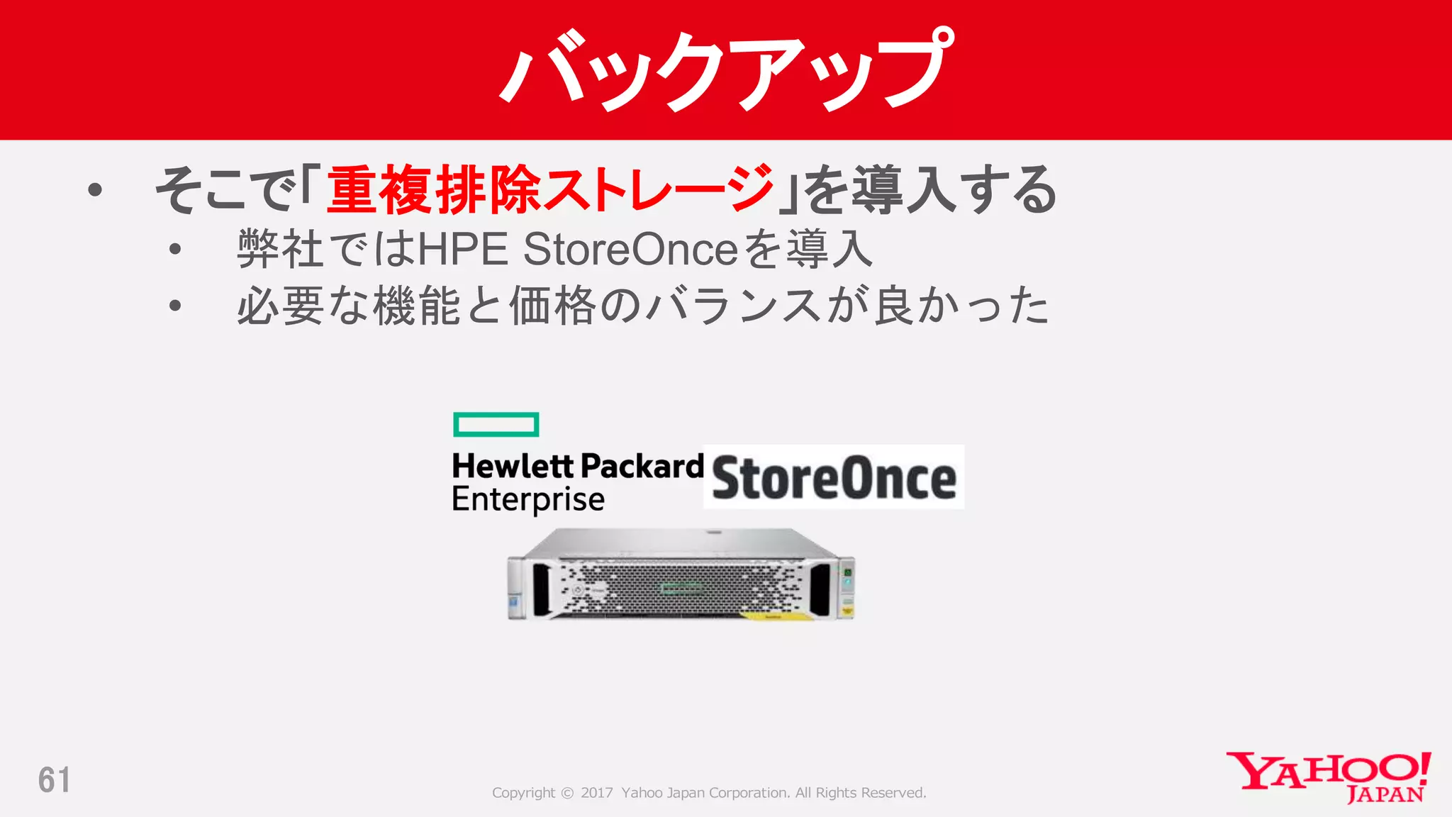 Copyright © 2017 Yahoo Japan Corporation. All Rights Reserved.
バックアップ
• そこで「重複排除ストレージ」を導入する
• 弊社ではHPE StoreOnceを導入
• 必要な機能と価格のバランスが良かった
61
 
