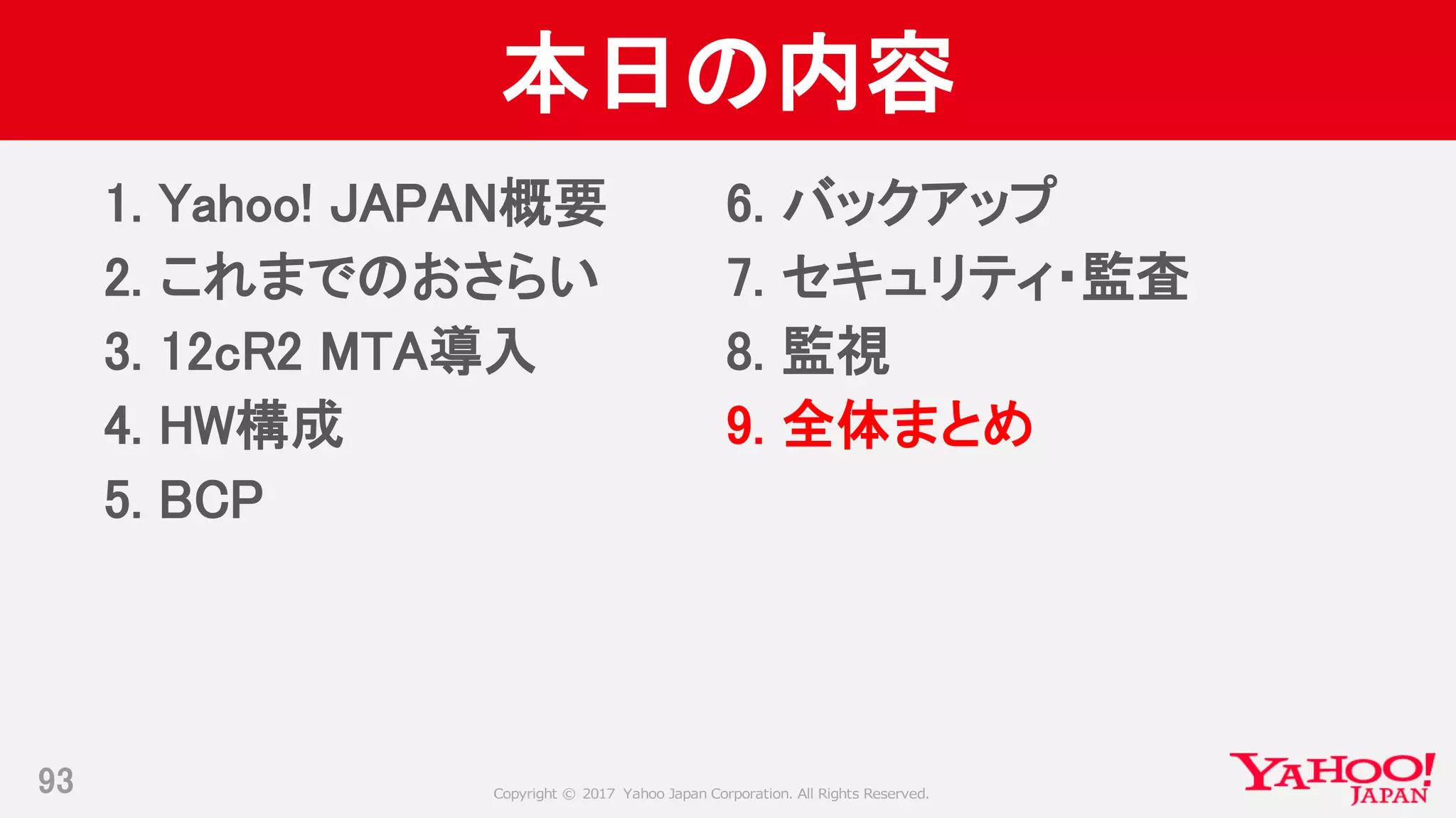 Copyright © 2017 Yahoo Japan Corporation. All Rights Reserved.
本日の内容
1. Yahoo! JAPAN概要
2. これまでのおさらい
3. 12cR2 MTA導入
4. HW構成
5. BCP
93
6. バックアップ
7. セキュリティ・監査
8. 監視
9. 全体まとめ
 