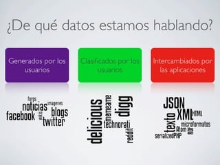 ¿De qué datos estamos hablando?
Generados por los
usuarios
Clasiﬁcados por los
usuarios
Intercambiados por
las aplicaciones
 