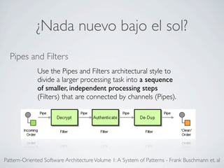 ¿Nada nuevo bajo el sol?
Pattern-Oriented Software ArchitectureVolume 1:A System of Patterns - Frank Buschmann et. al
Use the Pipes and Filters architectural style to
divide a larger processing task into a sequence
of smaller, independent processing steps
(Filters) that are connected by channels (Pipes).
Pipes and Filters
 